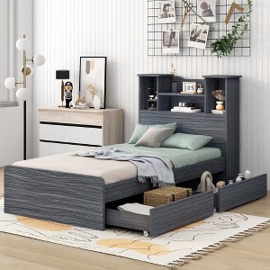 TIRAMISUBEST Twin Size Storage Platform Bed with 4 Open Storage Shelves and 2 Storage Drawers, Wooden Bed Frame with LED Light and Headboard - 1 of 4