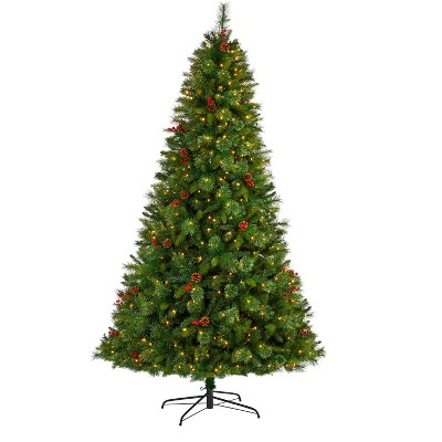 Nearly Natural 8-ft Aberdeen Spruce Artificial Christmas Tree with 500 Clear LED Lights, Pine Cones and Red Berries