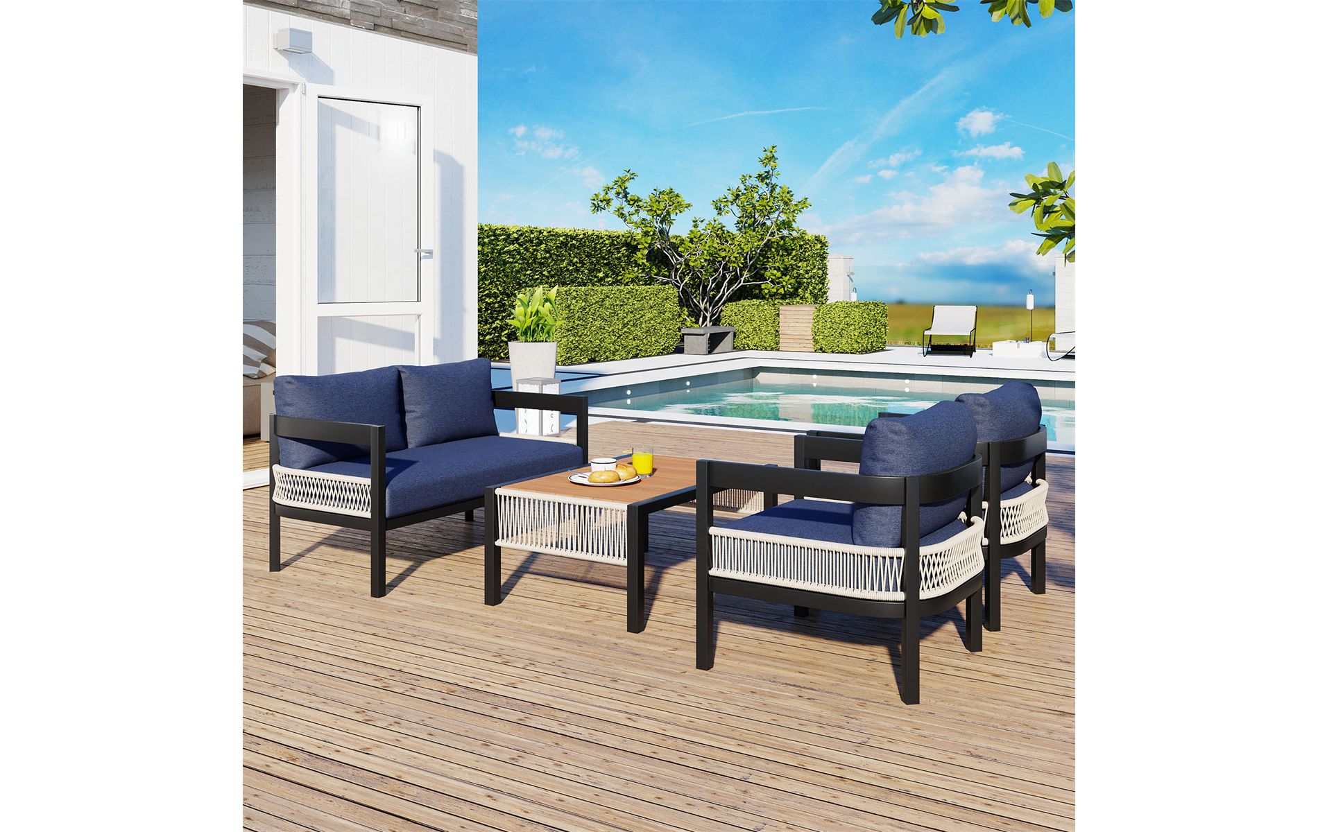 ELJGET 4-Piece Outdoor Seating Set, All-Weather Patio Furniture with Table & PE Wicker, for Garden, Lawn, Poolside, Navy