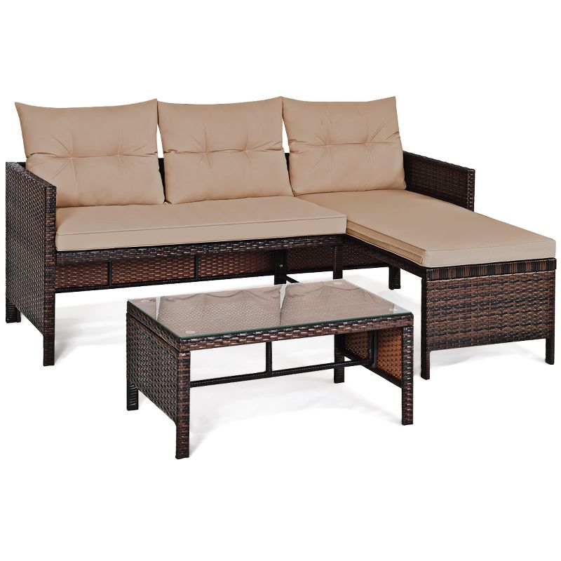 Tangkula 3PC Outdoor Furniture Set Rattan Wicker Sofa Table Deck Garden Patio, 5 of 10