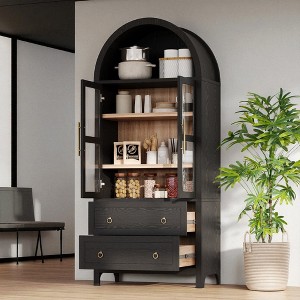 71" Tall Arched Kitchen Pantry Cabinet with 2 Drawers, Adjustable Shelves, Glass Doors, Storage Cupboard for Dining Room, Living Room, or Kitchen - 1 of 4