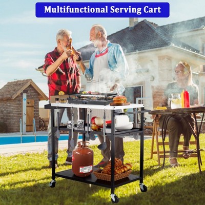 Outdoor Grill Cart Table, Pizza Oven Stand Table with 4 Wheels, BBQ Kitchen Food Prep Table