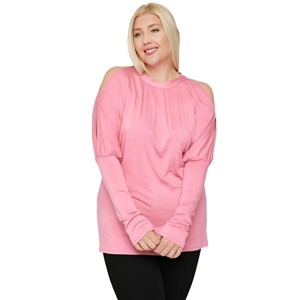 Slickblue Women's Plus Size Solid Long Sleeve Blouse with Cutouts, Neck Tie Top, Casual Style, Pink/Navy, 1XL-3XL - 1 of 4