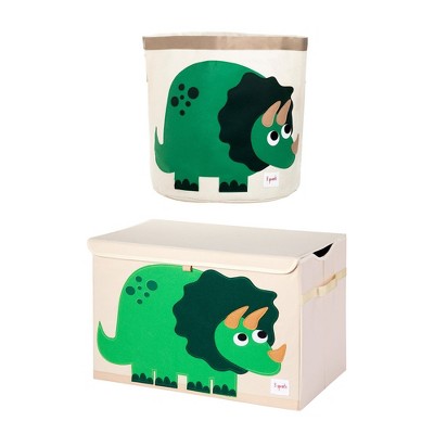 3 Sprouts Collapsible Toy Chest Storage Bin for Playroom and Canvas Storage Bin Laundry and Toy Basket, Green Dinosaur Design Print