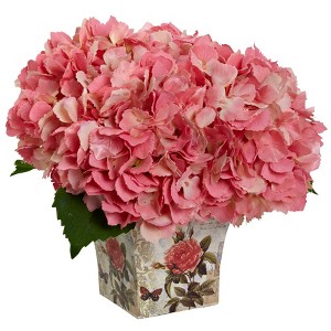 Nearly Natural Hydrangea Artificial Arrangement with Floral Planter, Pink - 1 of 4