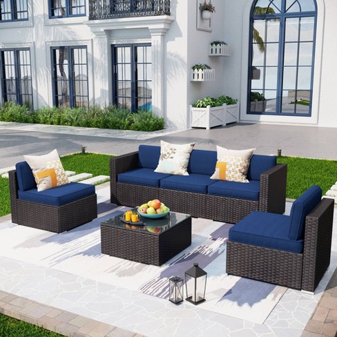 6-Piece Outdoor Wicker Sofa Set with Thick Cushions and Pillows - Beige