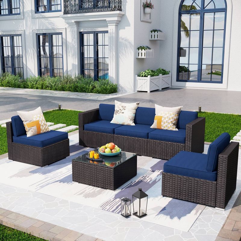 6pc Outdoor Rattan Wicker Sofa &#38; 2 Chairs - Blue - Captiva Designs, 1 of 10