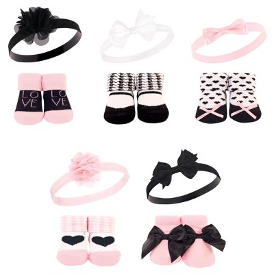 Hudson Baby Girl Headband and Socks Giftset, Pink Black Love, One Size