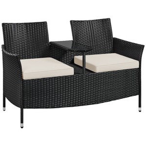 Yaheetech Outdoor Wicker Double Chair with Removable Cushions & 1 Tempered Glass Side Table, Black - 1 of 4