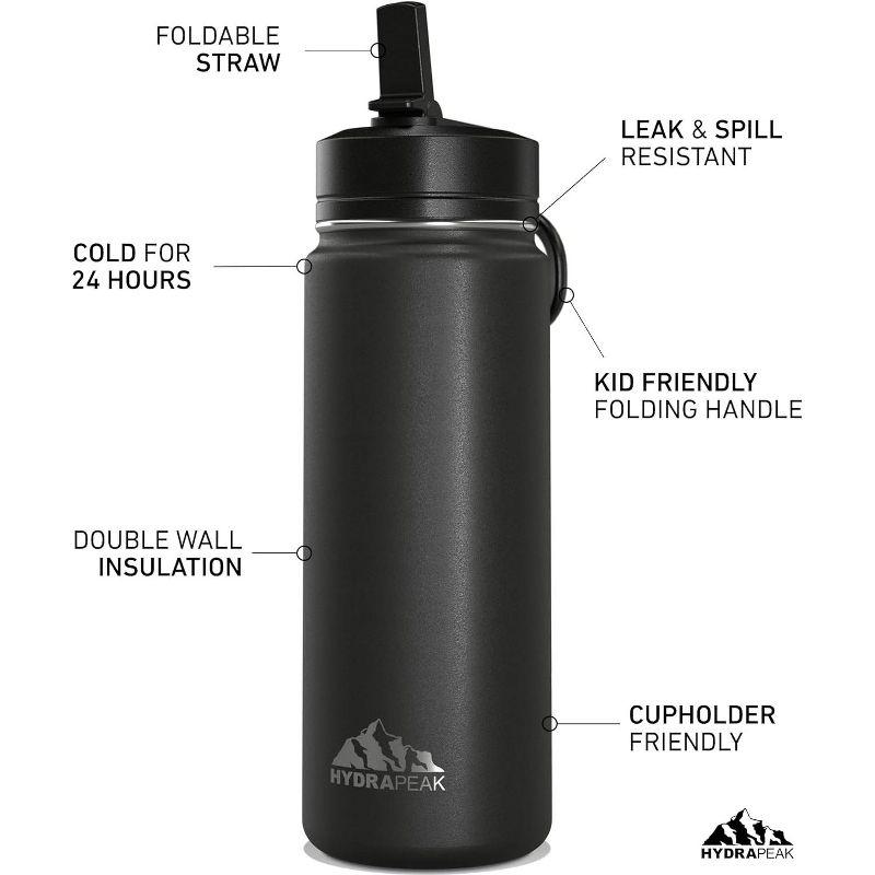 Hydrapeak Mini 20oz Kids Water Bottle With Leak & Spill Proof Straw Lid, Stainless Steel Double Wall Insulated, 2 of 8