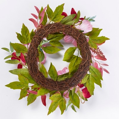 Spring/Summer Artificial Floral Grapevine Wreath with Pink and White Roses