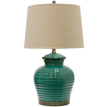 Turquoise Ceramic Table Lamp with Beige Hardback Linen Shade  - StyleCraft