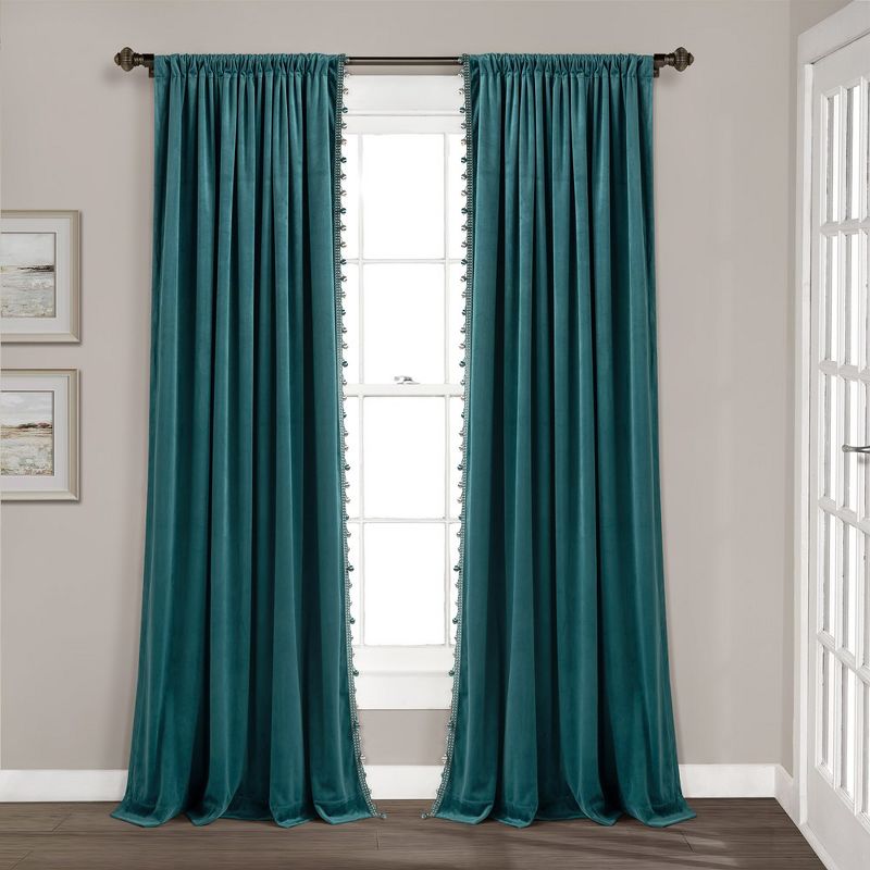 Luxury Vintage Velvet With Silky Pompom Trim Window Curtain Panel Blue Single 52X84, 2 of 5