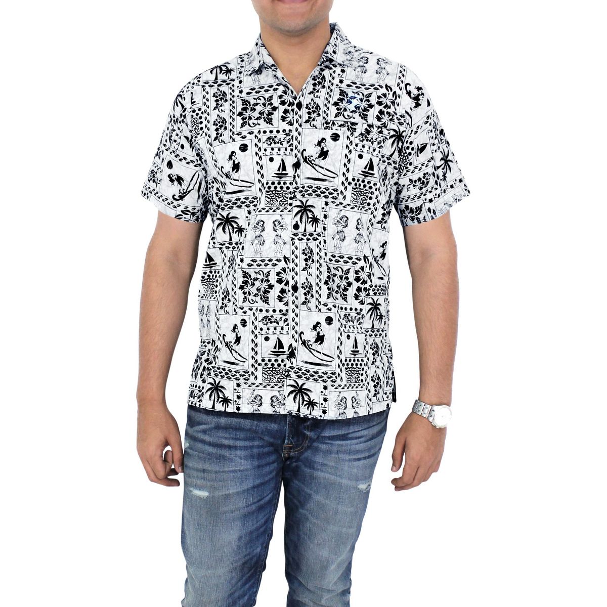 LA LEELA Men's Hawaiian Shirt Tropical Floral Beach Shirts Casual Button Down Short Sleeve Shirts for Men M Girly Hawaii Dance, Multicoloured