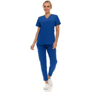 Saint Scrubs Womens 9-Pocket Medical Uniform Set- V-Neck Stretch Top with Tapered Straight Leg Pants - 1 of 4