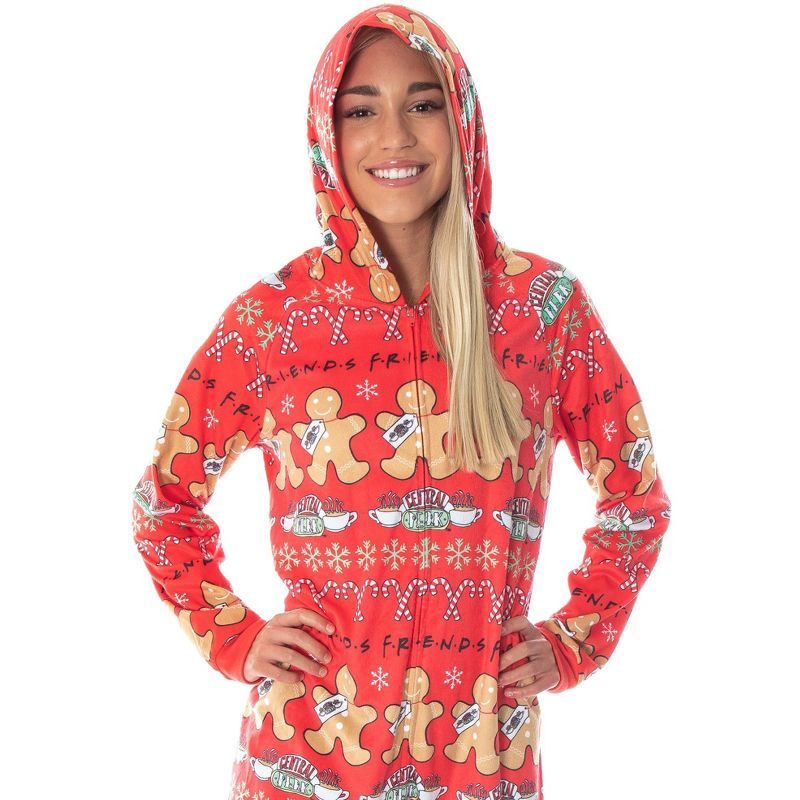 Friends TV Show Womens' Central Perk Ugly Christmas Sweater Hooded Pajama Union Suit Multicolor, 3 of 5
