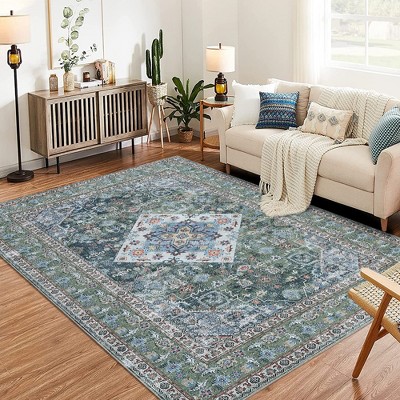 Garvee Washable Oriental Area Rug,Vintage Design Printed Floral Carpet, Stain Resistant with Non Slip Rubber Back, Persian Green Tint