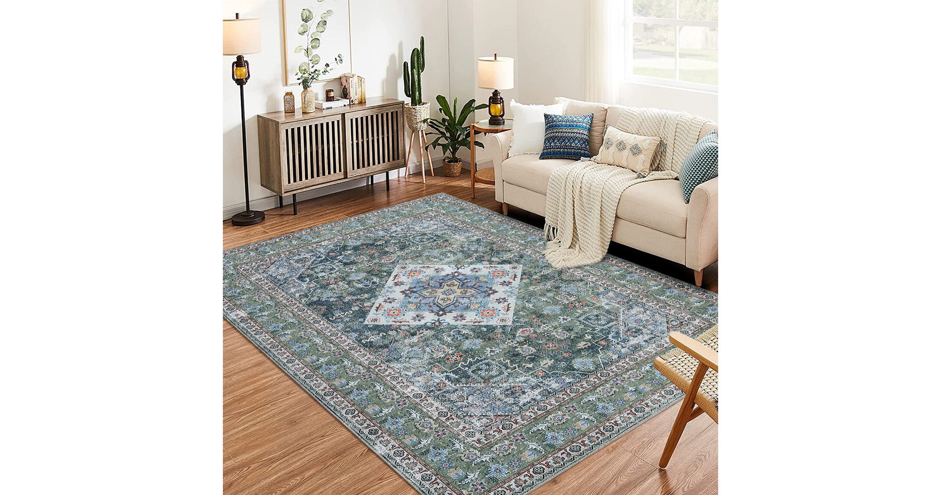 Garvee 8x10' Washable Oriental Area Rug,Vintage Design Printed Floral Carpet, Stain Resistant with Non Slip Rubber Back, Persian Green Tint