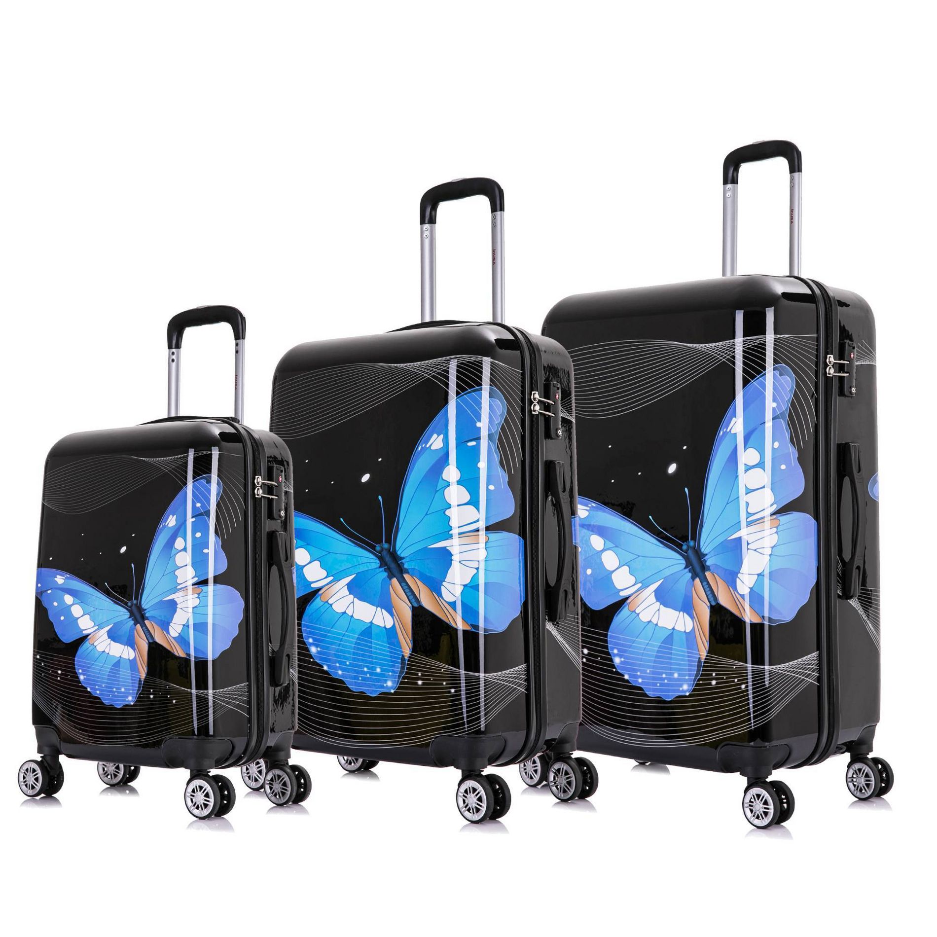 InUSA Checked Butterfly Print Lightweight Hardside Spinner 3pc Suitcase Set - Black