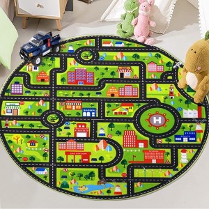 Round Rug for Kids, City Traffic, Low Pile, Non-Slip, Fun Educational Carpet for Toddler Boy Bedroom, Playroom. - 1 of 4