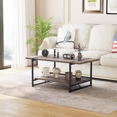 Coucheta 40 Inch Farmhouse Coffee Table with Storage Shelf, Durable Steel Frame, Multi-functional, Easy Assembly
