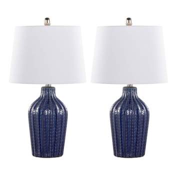 LumiSource (Set of 2) Rockwell 23" Contemporary Accent Lamps Dark Blue Ceramic Polished Nickel and White Linen Shade from Grandview Gallery