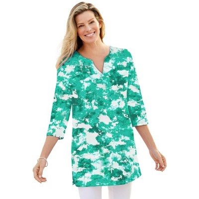 Woman Within Plus Size Three-Quarter Sleeve Notch-Neck Tunic