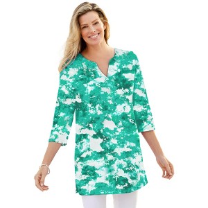 Woman Within Plus Size Three-Quarter Sleeve Notch-Neck Tunic - 1 of 3