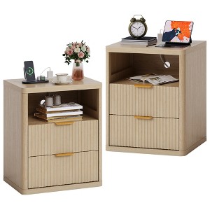 Fluted Nightstand w/ Charging Station, Mid Century Modern Bedside Table with Drawers & Open Shelf - 1 of 4