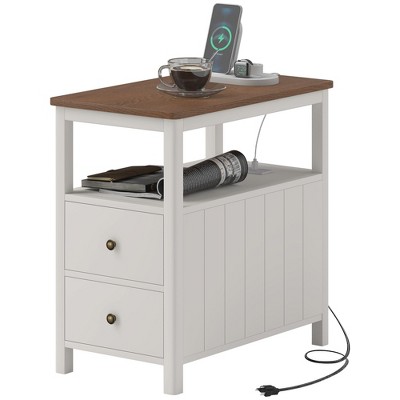 White and Brown Wood End Table with Charging Station and Storage