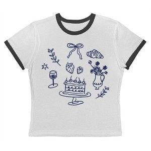 Rerun Island Women's Cake Wine Flowers Croissant Short Sleeve Graphic Cotton Retro Vintage Ranger Baby Tee - White Caviar S - 1 of 4