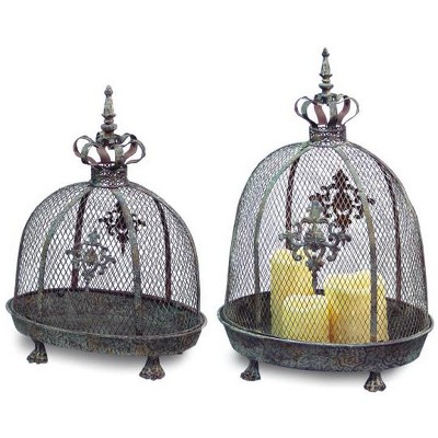  Melrose Set of 2 Renaissance Style Distressed Crown Top Dome Pillar Candle Lanterns 