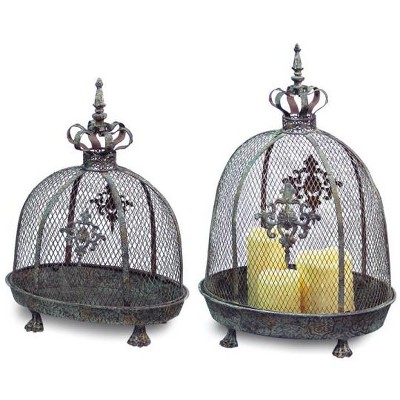  Melrose Set of 2 Renaissance Style Distressed Crown Top Dome Pillar Candle Lanterns 