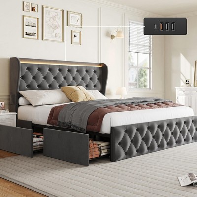 GustoWave Velvet Upholstered Platform Bed Frame, with LED Lights/Charging Station/Wingback Headboard
