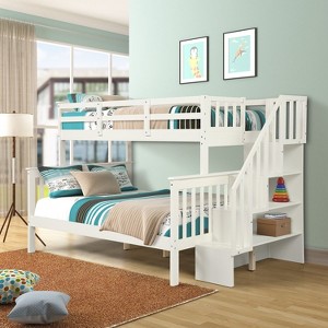 PAGED Modern Wooden Bunk Bed Loft Bed, Twin over Full Bed Frame with Storage Stairs and Guardrail for Kids, Teens, Adults - 1 of 4