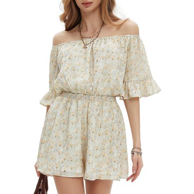 EXLURA Women's Summer Floral Romper Dress Off Shoulder Ruffle Elastic Wasit Wide Leg Shorts Jumpsuit Vacation Beach 2025