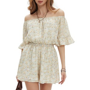 EXLURA Women's Summer Floral Romper Dress Off Shoulder Ruffle Elastic Wasit Wide Leg Shorts Jumpsuit Vacation Beach 2025 - 1 of 4