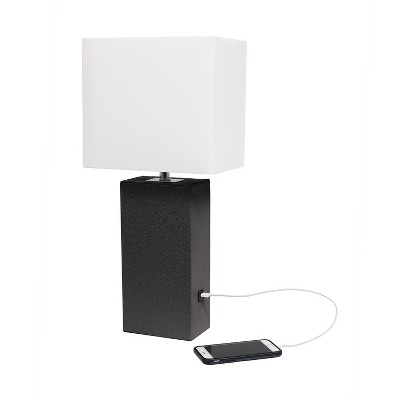Modern Brown Leather Table Lamp with USB and White Fabric Shade