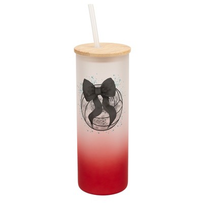 Elanze Designs 25 Ounce Frosted Glass Gradient Travel Tumbler With Straw and Wooden Lid, Volleyball Teal Paint Splatter Red