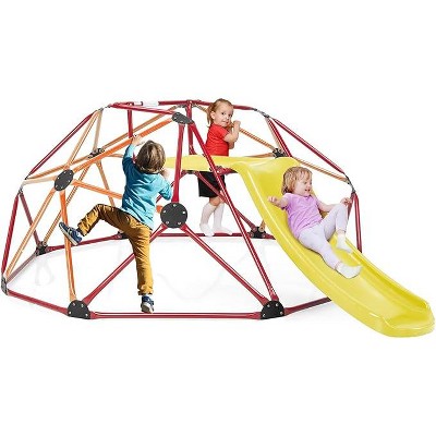 Costzon Climbing Dome with Slide, 8FT Jungle Gym Monkey Bar Set, 2-in-1 Indoor/Outdoor Geometric Dome Playground for Ages 3–8 (Backyard)