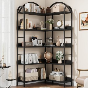 Five-tier L-shaped corner bookshelf with wood and metal storage shelves. Space-saving office display unit suitable for living rooms and bedrooms. - 1 of 4