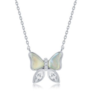 Bella Silver Sterling Silver MOP and CZ Butterfly Necklace - White - 16+2 Inch - 1 of 2