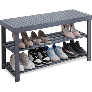 Create an Organized Entryway: 3-Tier Bamboo Shoe Bench with Built-in Seat - Space-Saving Storage Shelf - 1 of 4