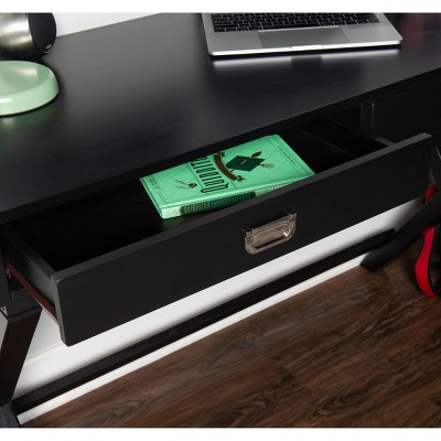 Sleek X-Framed Black Wood Writing Desk with Silver Hardware