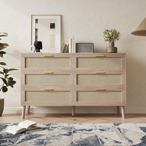 Rattan Dresser for Bedroom, Natural Dresser with Gold Metal Handles - 1 of 4