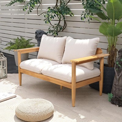 Outdoor Loveseat with Cushions,Acacia Wood Frame Patio Loveseat,Modern 2 Seater Armrests Loveseat for Porch Balcony-Coolbibila
