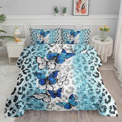 Acoinel 3 Pcs Butterfly and Leopard Lightwight Ultra Soft Comforter Set with 2 Pillowcases, QUEEN, Blue