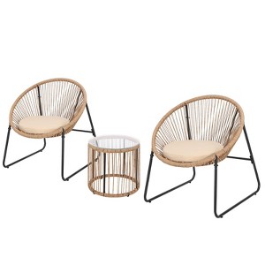 3-Piece Outdoor Rattan Set with Cushions, Wicker Patio Furniture with 2 Chairs & Glass Table, All-Weather Lounge Set for Balcony, Garden, Wood Color - 1 of 4