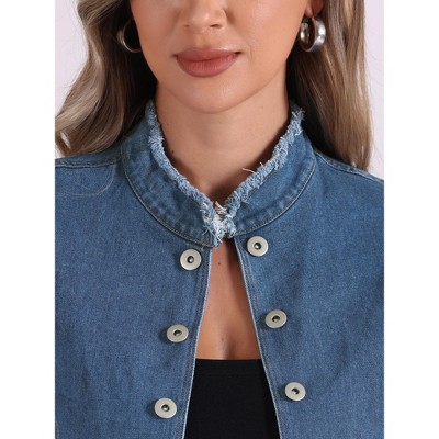 Allegra K Women's Stand Collar Long Sleeve Open Front Distressed Denim Blazer Medium Blue — фото 5