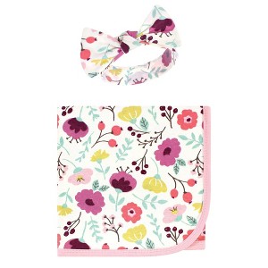 Touched by Nature Baby Girl Organic Cotton Swaddle Blanket and Headband or Cap, Botanical, One Size - 1 of 4